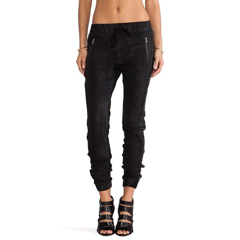 Hudson Black French‎ Lamb Nubuck Stretch Leather Joggers Perforated Stripe Sz 28